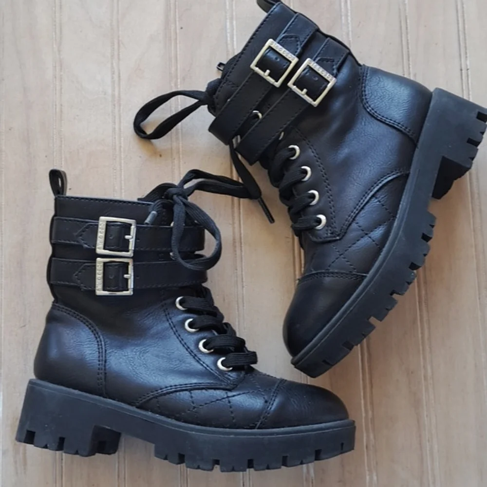 BCBG Girl Adrianna Combat Double Buckle Lace Side Zip Chunky Ankle Boots